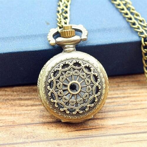 Relogio De Bolso Bronze Antique Vintage Quartz 28mm dial Pocket Watch Spider Web Hollow Women Men Pendant Necklace Chain Gifts