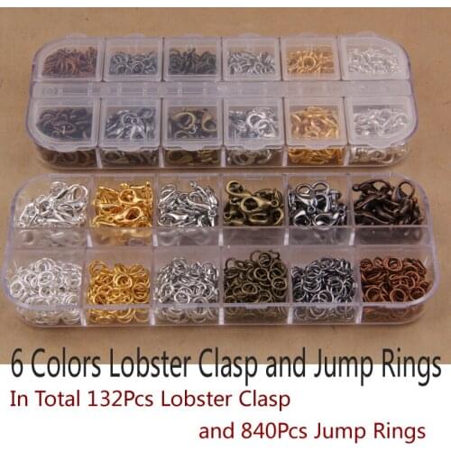 Mix 6 Colors 132Pcs Lobster Clasp and 840Pcs Jump Rings DIY accessories for jewelry,Jewelry Findings for Jewelry making