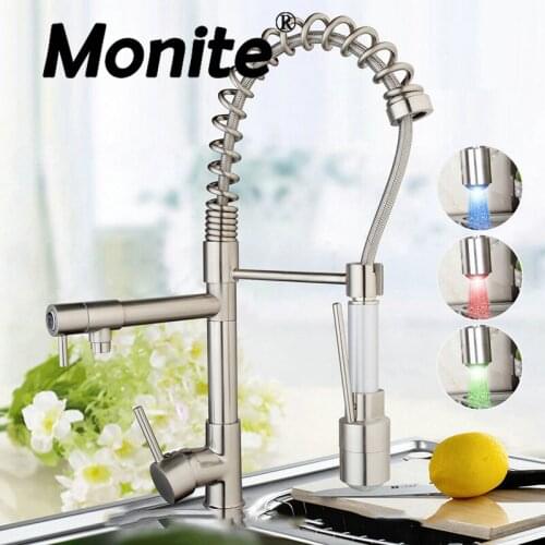 LED Brushed Nickel Kitchen Sink Swivel Spout Faucet Deck Mounted 1 Handle Hole Vessel Sink Mixer Tap Pull Down Spray