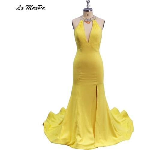 Beaded Halter Neck Backless Fishtail Yellow Prom Dress CMT46