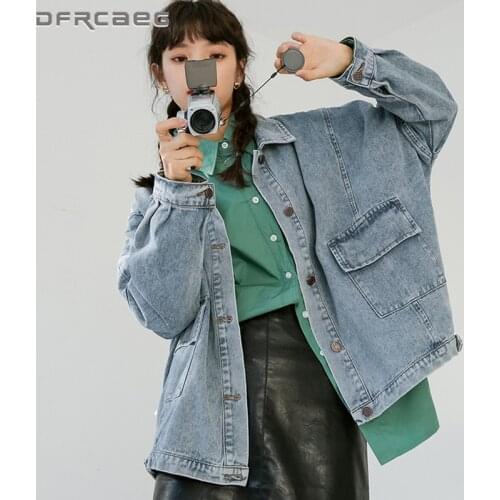Oversized Streetwear BF Woman Denim Jacket With Pocket 2021 Spring Autumn Loose Long Sleeve Jeans Coats Vintage Outwear