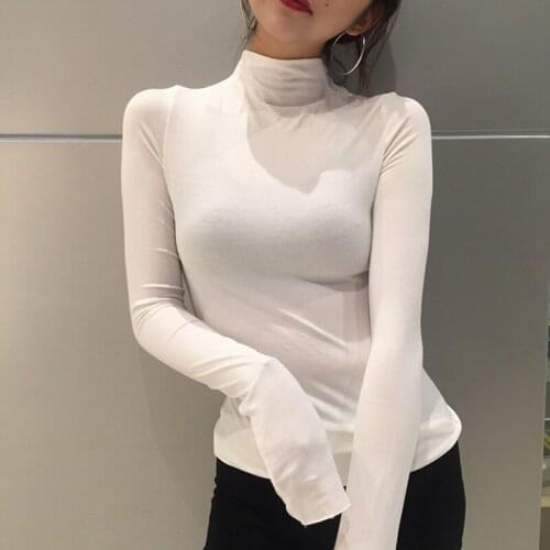 U-SWEAR Fashion Womens High Neck Solid Strench Long Sleeve shirt Classic Tops Autumn Spring T-Shirts High Quality Harajuku