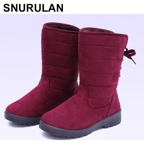 SNURULAN Women fashion casual warm winter mid-calf cotton boots with fur and plush lining, round toe lace-up, plain flat winter