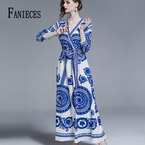 FANIECES Runway Vestidos robe femme Women Flower Print Spring Autumn fashion Blue A-Line Dresses Elegant Long Sleeve Maxi Dress