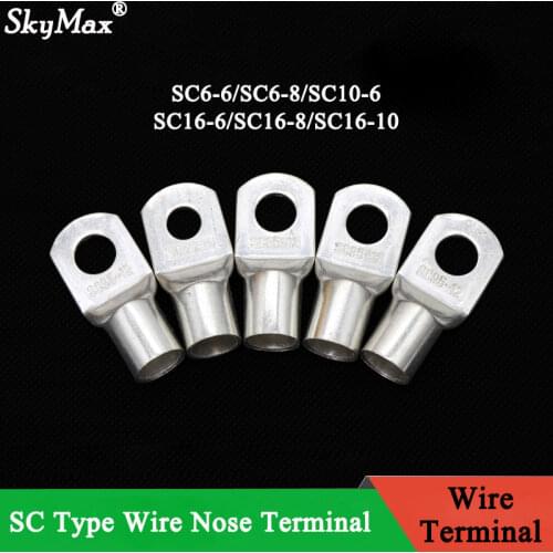 5pcs SC Type Wire Nose Terminal SC6 SC10 SC16 Bare Copper Battery Block Lugs Hole ID 6mm 8mm 10mm Crimp DTGA Cable End Connector