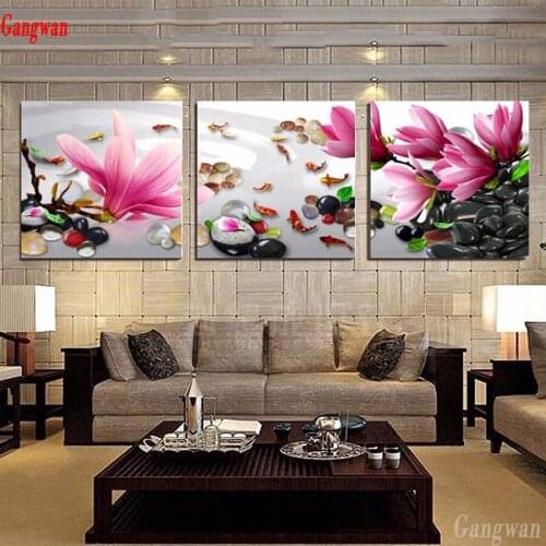Diamond embroidery 3 Panel Fish Stone Flower cross stitch diamond painting koi pattern full drill mosaic rhinestone happy family