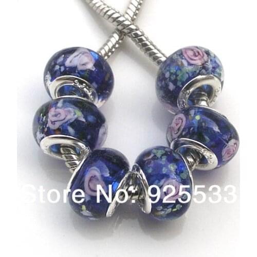 Free shipping 8x14mm 50pcs per lot silver plated core blue glass big hole beads fit European bracelet DIY