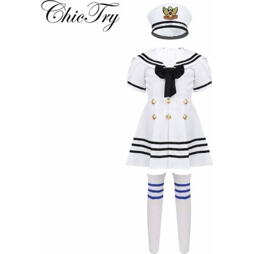 Kids Girls Sailor Uniform Cosplay Costume School Chorus Stage Performance Dancewear Outfit School Girls Dress with Hat Socks Set