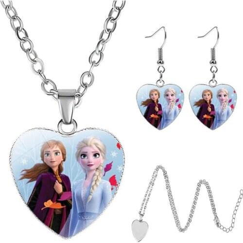 Disney Frozen 2 Love Heart Necklace Earrings Childrens Cartoon Aisha Anna Xuebao Heart-shaped Gem Pendant Girl Birthday Gifts