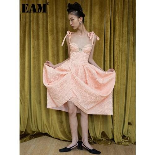 [EAM] Women Pleated Irregular Temperament Long Dress New V-Neck Sleeveless Loose Fit Fashion Tide Spring Autumn 2021 1DA935