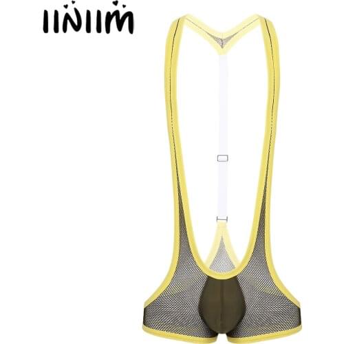 Iiniim Mens Sexy See Through Sheer Fishnet Y-back Bulge Pouch Jockstraps Leotard Underwear Jumpsuits Wrestling Singlet Bodysuit