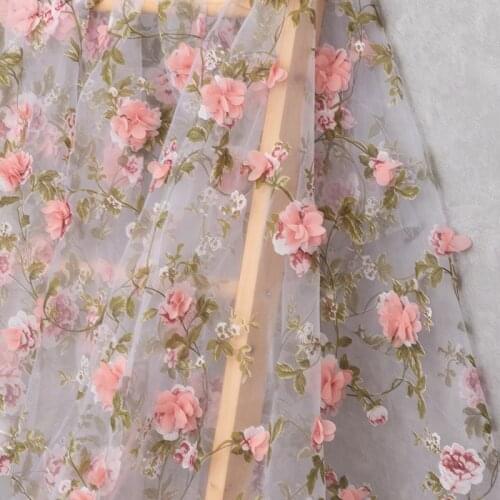 Exquisite 3D rose flower Embroidery Lace organza Fabric Thread Bridal Gown Wedding Fabrics Tulle Cloth DIY Dress