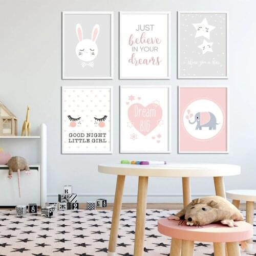 Positive Quote Canvas Poster Nursery Wall Art Cartoon Elephant Rabbit Print Painting Nordic Pink Picture Baby Girl Bedroom Decor
