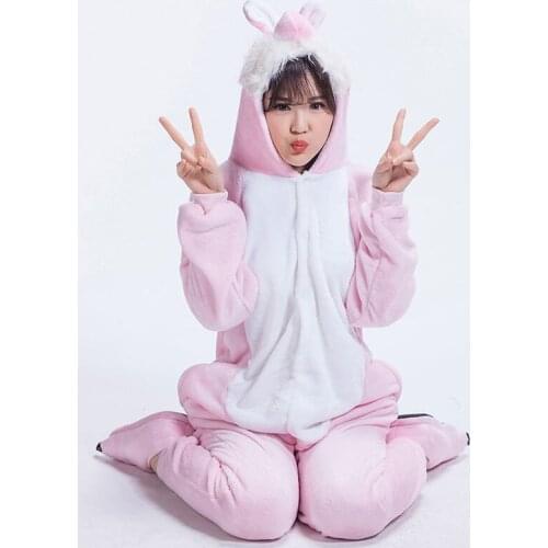 Animals Kigurumis Women Onesie Pink Rabbit Cartoon Pajamas Overalls Adults Lovely Party Sleep Wear Winter Warm Flannel Suit
