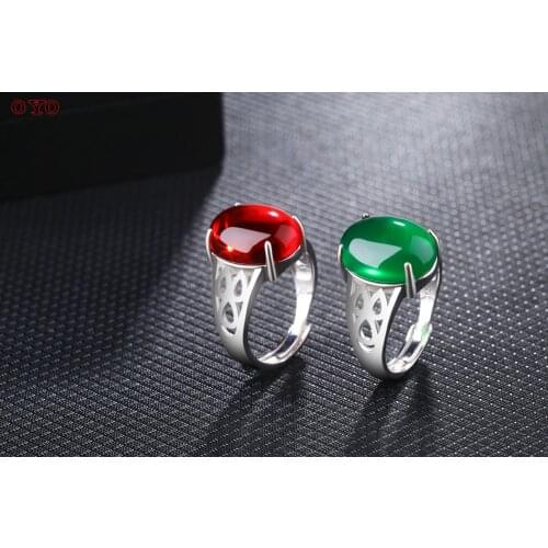 S925 silver fashion personality simple and versatile retro green agate and red corundum index finger ring