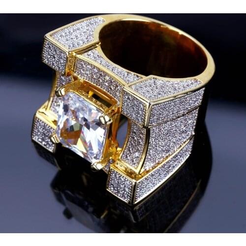 Iced Out 18K Gold Plated Bling CZ Simulated Diamond Ring Fashion Jewelry Hip Hop Ring