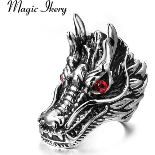 Magic Ikery 2017 dragon head rings for men punk rock style party men red stone rings men stage stainless steel rings jewelry