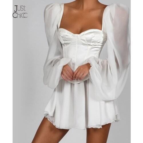 Justchicc Lantern Sleeves Chiffon Mini Dress Strapless High Waist Women Ruffles Party Dress Square Collar White Short Dresses