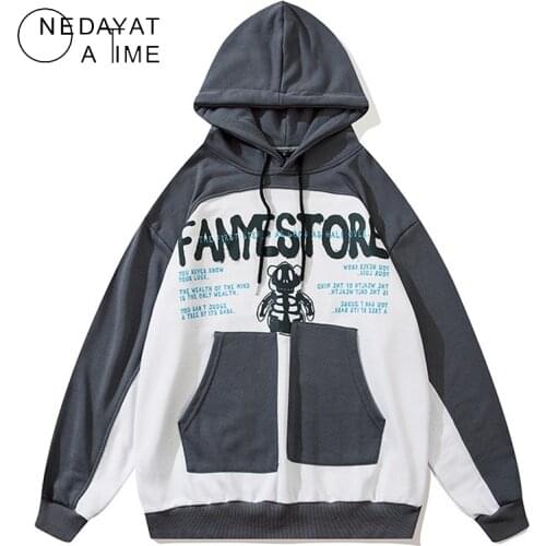 2021 Hip Hop Streetwear Hoodies Sweatshirt Skull Bear Print Men Harajuku Pullover Hoodie Cotton Autumn Loose Sweat Shirt Black