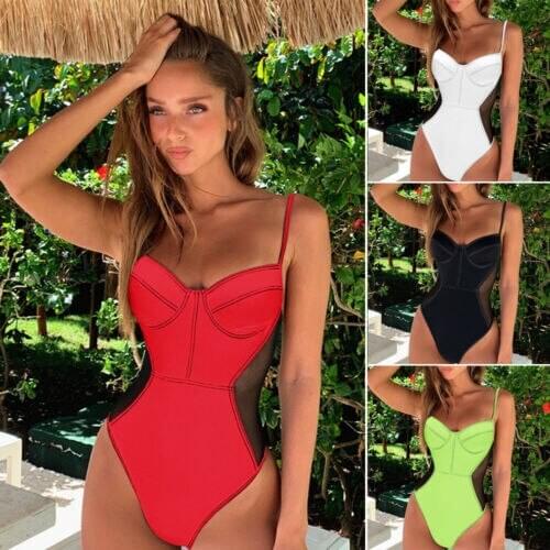 New 2019 Bikini Women One-Piece Swimsuit Solid Mesh Patchwork Beachwear Swimwear Push-up Bikini Bathing