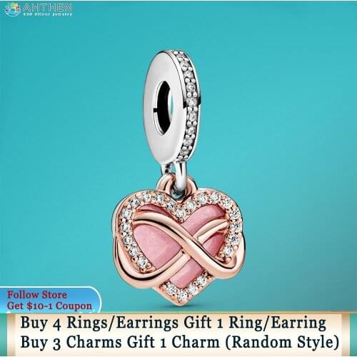 Ahthen 925 Sterling Silver Beads Sparkling Infinity Heart Dangle Charms fit Original Pandora Bracelets for Women Jewelry Making