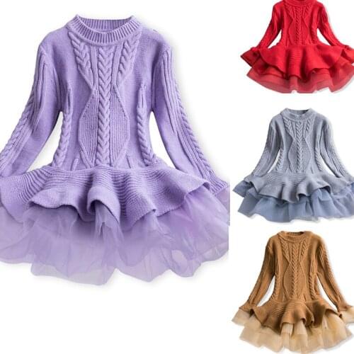 Autumn Winter Girls Dress Cotton Toddler Princess Dress 3-8Y Woolen Knitting Lapel Dress Cotton Long Sleeve Childrens Dress