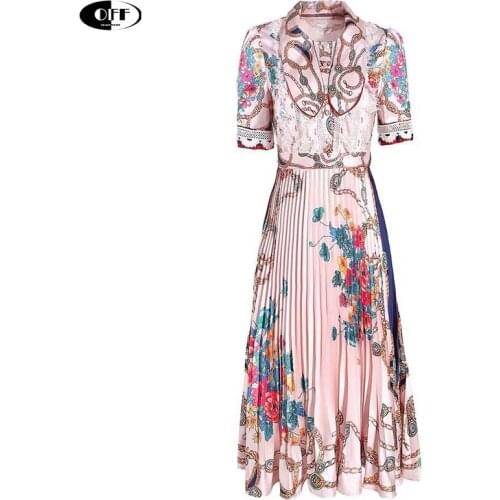 Summer vintage midi dresses for women Party Casual Elegant Chic Imitation Pearl Button Print Slim Pleated Midi Dress Female