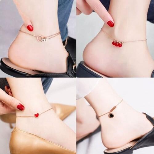 Rose Gold Titanium Steel Chain Anklet for Women Roman Numerals Heart Coin Bells Double Circle Beach Anklets Girl Jewelry Gift
