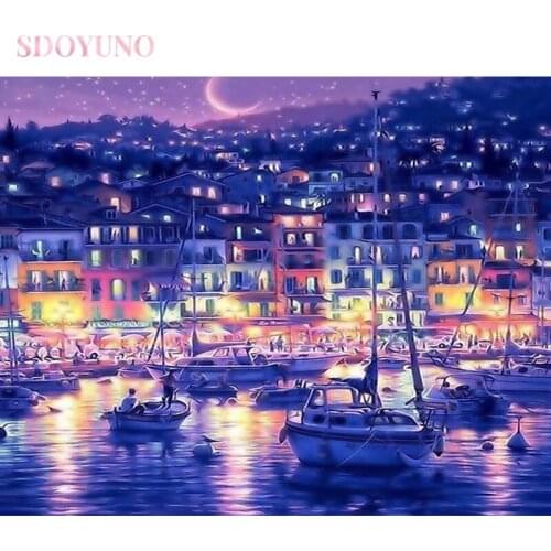 SDOYUNO DIY painting by number with frame for kids Abstract sea night seascape acrylic paints for painting wall art HandPainted