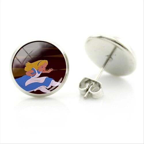 Disney Simple Style Earrings Alice In Wonderland Exquisite Picture Earrings Glass Cabochon Gift Jewelry Ladies