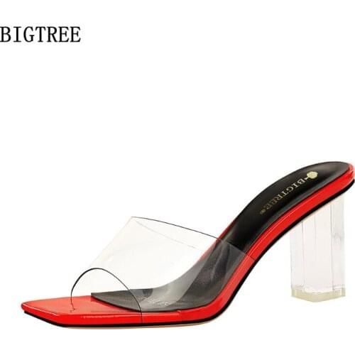 Slippers Women Summer 2021 Pumps Women Shoes Slides Women Square Toe Heels High Heels Woman Slippers Talon Transparente Femme