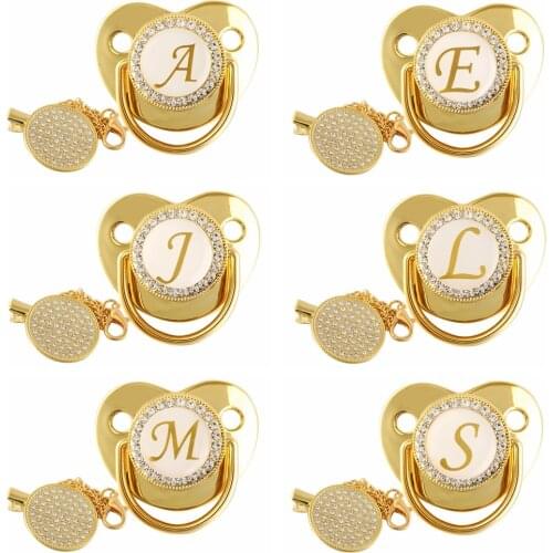 26 Name Initial Letter Golden Baby Pacifier and Bling Pacifier Clips BPA Free Silicone Infant Nipple Newborn Dummy Soother