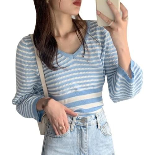 Women Striped Sweaters Women V-Neck Autumn Korean Style Long-Sleeved Knittwear Jumpers Pull