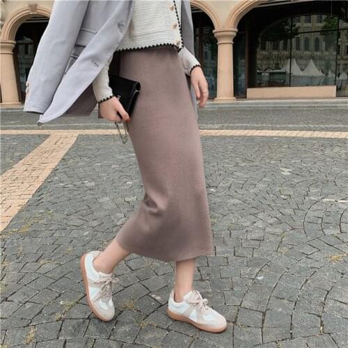 New 2021 Autumn Winter Chic Knitted Wrap Womens Skirts High Waist Multi Color Back Split Elegant Sheath Sexy Pencil Skirts