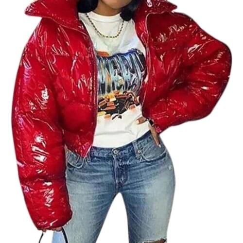 Women Winter Long Sleeve Zipper Puffer Jacket Stand Collar Shiny Metallic Faux Leather Cropped Puffy Bubble Coat Quilted Parkas