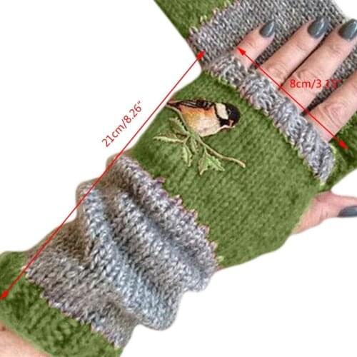 40GC Women Winter Knitted Fingerless Gloves Bird Embroidered Color Block Splice Half Finger Mittens Outdoor Driving Thumb Hol