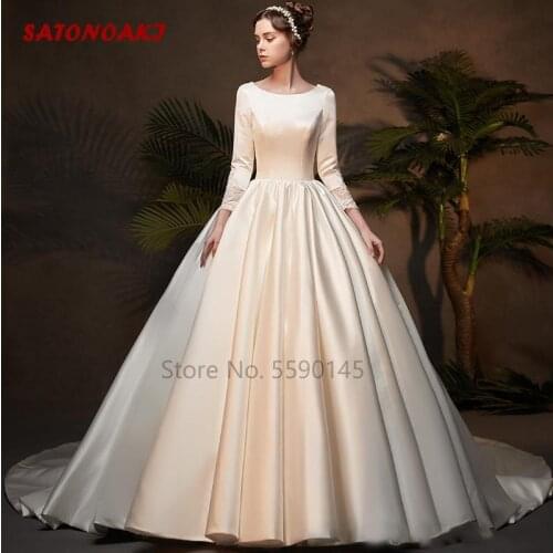 2020 New Ball Gown Satin Wedding Dress With 3/4 Sleeve Applique Scoop Neck Court Train Vintage Princesa Bridal Vestido De Novia