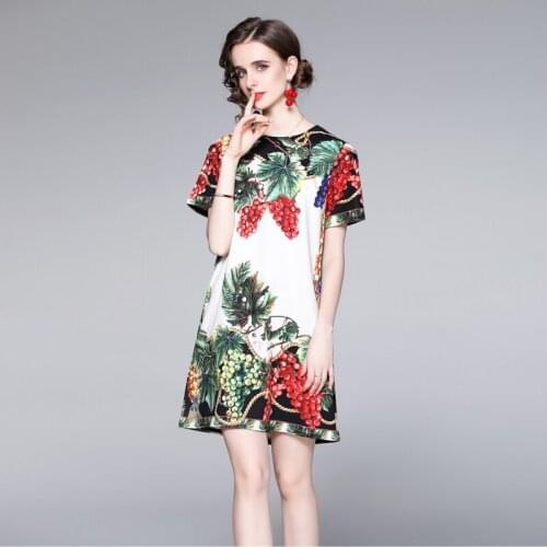 2021 New Fashion Runway Summer Dress Women Short sleeve Chic Grape Print Vintage Mini Dress