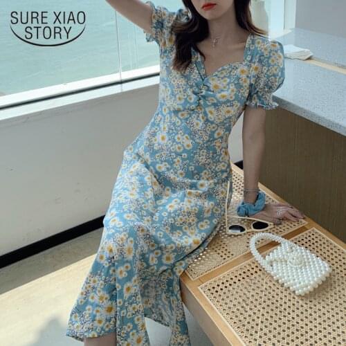 Vestidos 2021 Summer Puff Sleeve Floral Long Dress Boho V Neck Sexy Dress for Women Plus Size Printing Party Dresses 14690