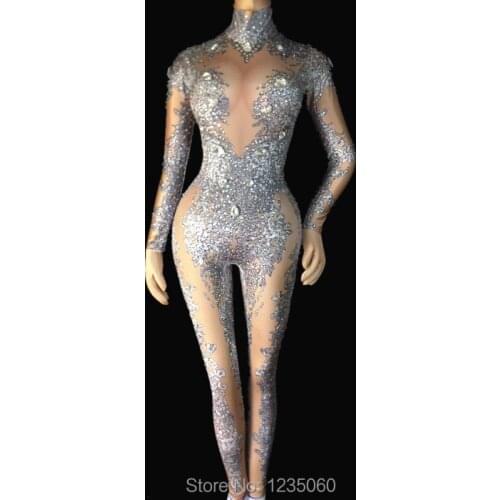 2020 Womens Sexy Rhinestones Bodysuit Stage Outfit Female Singer Gray Leggings Nightclub Nude Crystals Costume Dance Jumpsuit