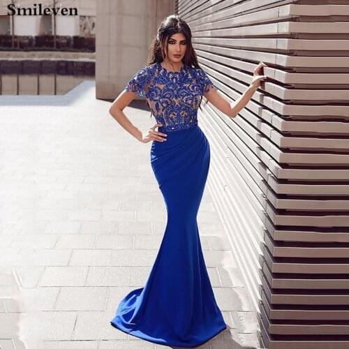 Smileven Royal Blue Mermaid Evening Gowns saudi arabia Cap Sleeve Evening dress Crystal Robe de Soiree Prom Party Gowns