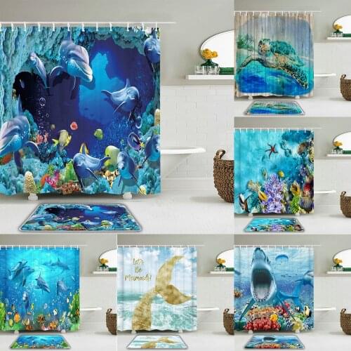 2pcs/set Ocean Sea Dolphin Fish Shower Curtain Set Bathroom Waterproof Polyester Cloth +Non-slip Mat Toilet Bathroom Home Decor