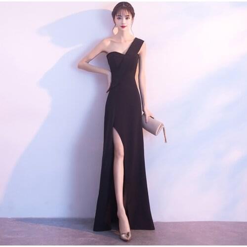 Evening Dress Black One-Shoulder Sexy Mermaid Empire Simple Floor-length Sleeveless Plus size Women Formal Party Dresses C1269