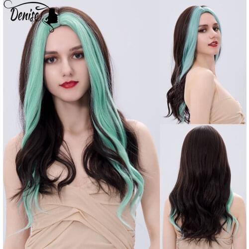 Long Green Half Brown Wave Natural Cosplay Colored Hair Synthetic Wig For White Women Heat Resistant Female Daily Fiber Wigs