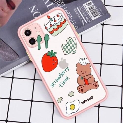 GYKZ Cartoon Cherry Bear Cake Phone Case For iPhone 11 Pro XS MAX X 7 SE 2020 XR 8 6Plus Animal Hard Shockproof Cover Matte Capa
