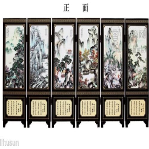 Chinese Handmade Vintage Mountain&River Wooden Lacquer Six Pieces Folding Screen