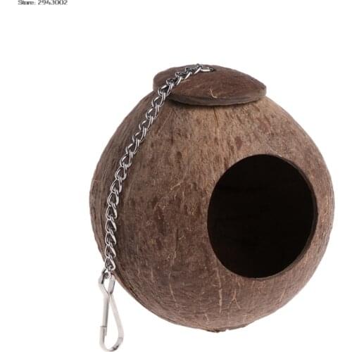 Pet Coconut Shell Bird Parrot Nest House Hut Cage Feeder Toy With Chain Budgie Parakeet Cockatiel Conure Hideaway Husk