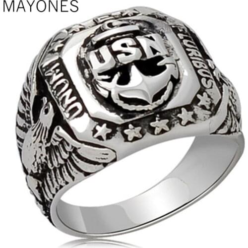 100% Real 925 Sterling Silver Jewelry USN Eagle Navy Mens Ring Vintage Punk Style Engraved Special Ring Bijoux 925 Fine Jewelry