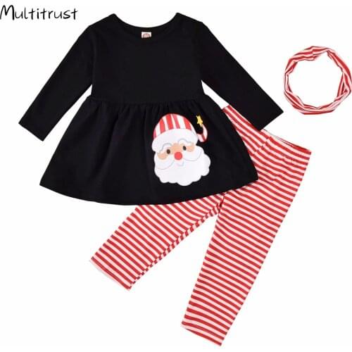 2021 Christmas Kids Baby Girl Long Sleeve Santa Claus Long Skirt Tops Striped Pant Legging Scarf 3PCS Xmas Clothing Set