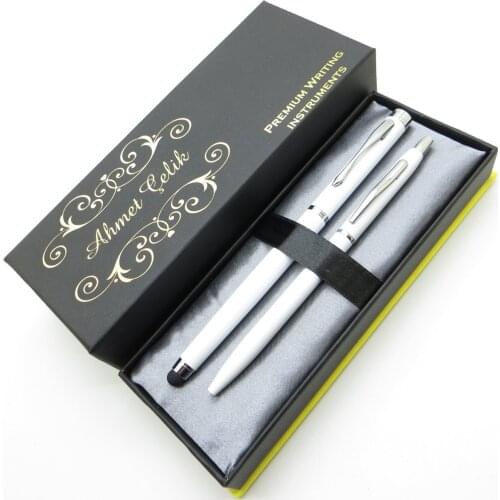 Wings Dual RT242 White Chrome Roller Pen + Ballpoint Pen Set | İsme Special Pen | Gift Pen Set
